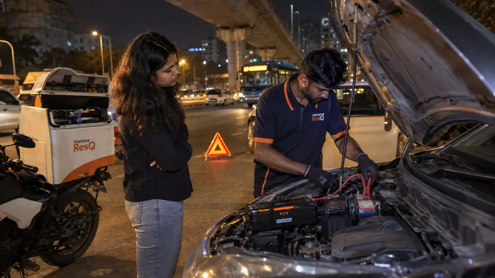 Night battery jumpstart rescue in Bangalore