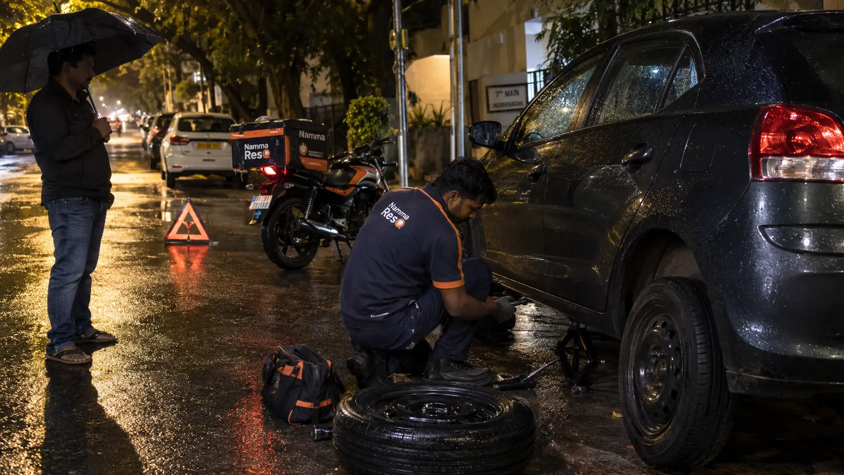 Night puncture and flat tyre rescue in Bangalore