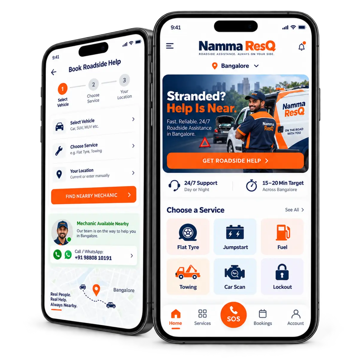 Namma ResQ mobile app for 24/7 car breakdown and roadside assistance in Bangalore