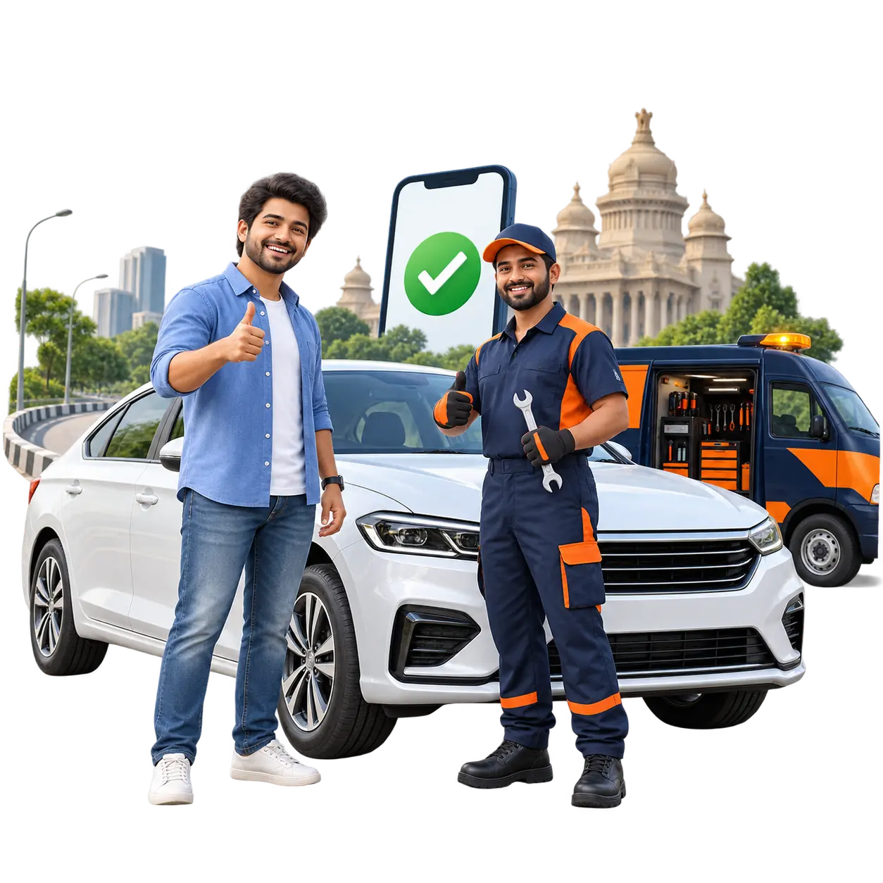 Namma ResQ roadside assistance mechanic helping a customer after successful car repair in Bengaluru